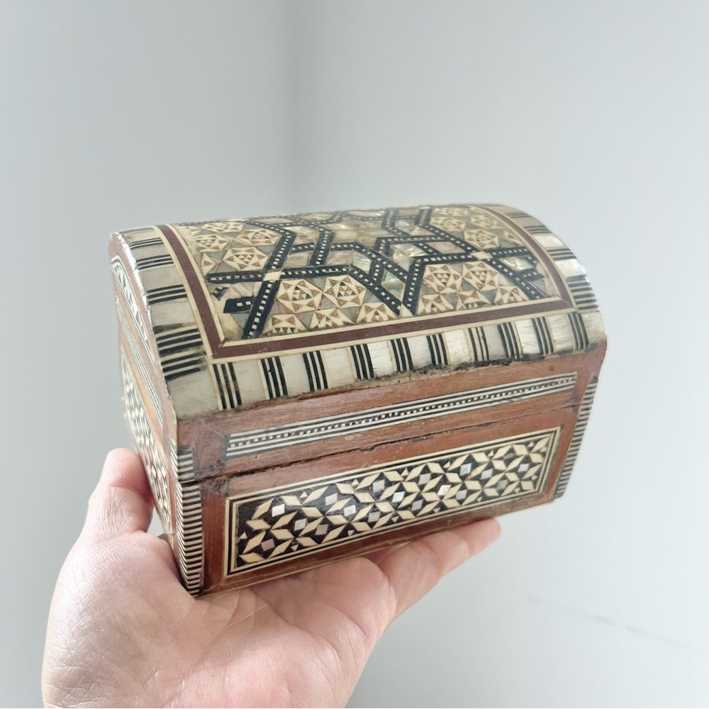 Antique Vintage Egyptian Marquetry Inlaid Domed Wooden Jewelry Box Midcentury